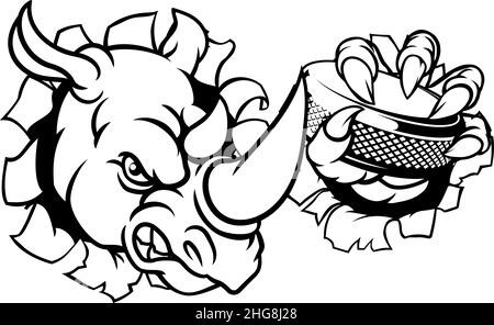 Rhino Ice Hockey Player animale mascotte sportive Illustrazione Vettoriale