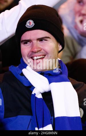 CARLISLE, REGNO UNITO. GEN 18th Hartlepool United fan ha visto durante la partita Sky Bet League 2 tra Carlisle United e Hartlepool United a Brunton Park, Carlisle martedì 18th gennaio 2022. (Credit: Will Matthews | MI News) Credit: MI News & Sport /Alamy Live News Foto Stock