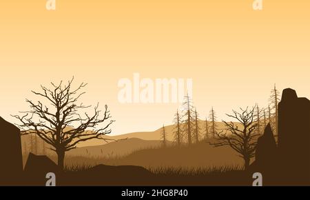 Vista realistica delle montagne la sera dall'esterno della città con sagome di alberi e scogliere intorno Illustrazione Vettoriale