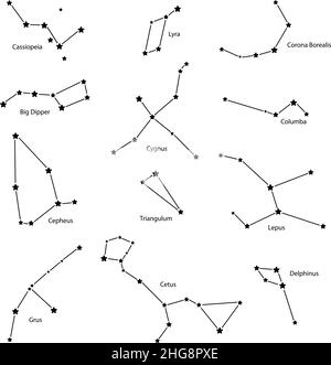 Costellazioni: cassiopeia, Big Dipper, cefeo, lyra, grus, cygnus, triangulum, cetus, corona borealis, columba, lepus, delphinus, vettore illustratio Illustrazione Vettoriale