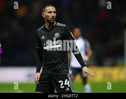 Preston, Inghilterra, 18th gennaio 2022. Conor Hourihane di Sheffield Utd durante la partita del campionato Sky Bet a Deepdale, Preston. Il credito dovrebbe essere: Simon Bellis / Sportimage Foto Stock