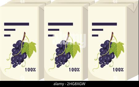 Set di confezioni quadrate di succo di uva scura su rami con bacche e foglie. Dolce bevanda sana, gustoso liquido. Illustrazione piatta vettoriale Illustrazione Vettoriale