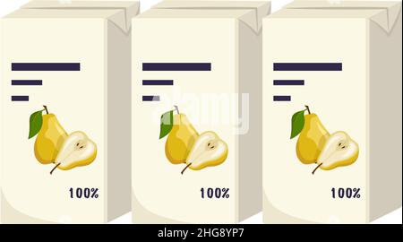 Set di confezioni quadrate di succo di pere gialle con foglie. Dolce bevanda sana, gustoso liquido. Illustrazione piatta vettoriale Illustrazione Vettoriale