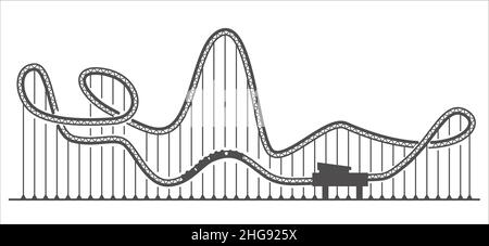 Silhouette con montagne russe. Pista di corsa nel parco divertimenti. Attrazione spaventosa. Illustrazione del contorno vettoriale Illustrazione Vettoriale