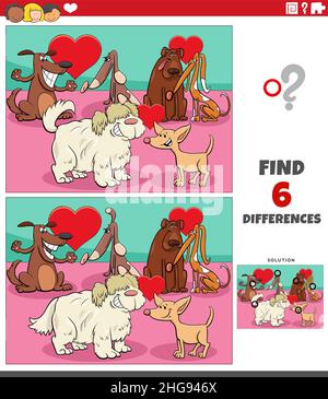 Illustrazione di Cartoon di trovare le differenze tra le immagini gioco educativo con cani personaggi animali in amore il giorno di San Valentino Illustrazione Vettoriale