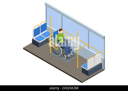 L'uomo isometrico in una sedia a rotelle viaggia da Bus. Sicurezza delle sedie a rotelle sui trasporti pubblici su strada fissa. Guida con sicurezza Illustrazione Vettoriale