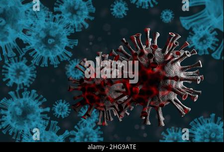 Mutazione del coronavirus all'interno del corpo umano - epidemia influenzale o coronavirus influenza - 3D rendering. Foto Stock