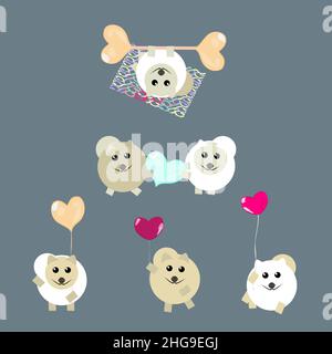 set di cuccioli con palloncini per salutare le valentine Illustrazione Vettoriale