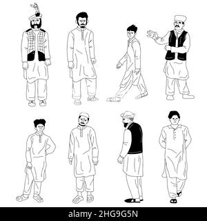 Asia meridionale uomini set. Ragazzi, giovani e vecchi che indossano Shalwar kameez e Sherwani abito nazionale del Pakistan. Illustrazione vettoriale degli elementi di design inclusivi e diversity Illustrazione Vettoriale