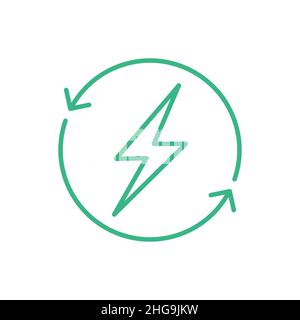 Icona della linea di energia rinnovabile. Thunderbolt all'interno delle frecce circolari. Segnale di riciclaggio dell'energia pulita. Fonti energetiche sostenibili. Fulmine. Vettore, piatto. Illustrazione Vettoriale
