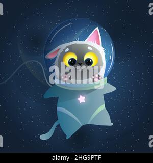 Cute Space Cat Vector for Kids, Kitten Astronauta Illustrazione Vettoriale