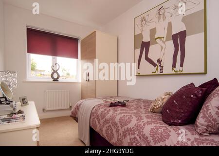 Scena della camera da letto delle ragazze adolescenti, tema di moda di stile, postere, letto, schema colore rosa scuro, cuscini, Foto Stock