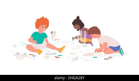 Gruppo di bambini felici che disegnano con gesso sul passeretto. Attività all'aperto per bambini creative e straordinarie Illustrazione Vettoriale