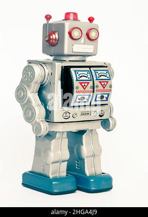 giocattolo retro robot isolato su bianco Foto Stock
