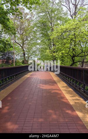 Kaliningrad, Russia - 16 maggio 2021: Vecchio ponte all'interno dello zoo in primavera Foto Stock