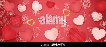 Buon San Valentino banner. Design di sfondo per le vacanze con cuori rosa e rosso disegnati a mano e dorati e brillanti. Poster orizzontale, volantino, biglietto d'auguri, Illustrazione Vettoriale