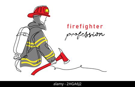 Vigile del fuoco con ascia in casco rosso e uniforme.una linea continua disegno grafico vettoriale di vigile del fuoco Illustrazione Vettoriale
