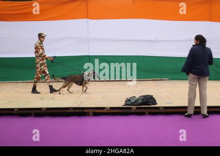 New Delhi, Nuova Delhi, India. 19th Jan 2022. Un soldato indiano cammina con un cane militare mentre ispezionano la sede delle celebrazioni della Repubblica dell'India. (Credit Image: © Karma Sonam Bhutia/ZUMA Press Wire) Foto Stock