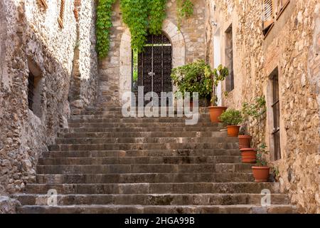Vecchi gradini di pietra che conducono ad un cancello di metallo ornato e ingresso giardino con pentole di piante rosse Besalu Spagna Foto Stock