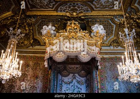 Il baldacchino di Maria Antonietta a Versailles a Parigi, Francia. Foto Stock