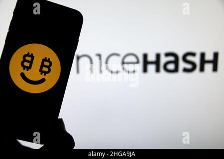 Rheinbach, Germania 11 novembre 2021, il logo del marchio 'NiceHash' sul display di uno smartphone (in primo piano sul logo del marchio) Foto Stock