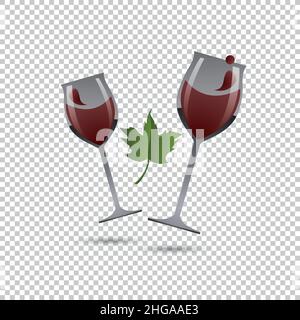 Modello logo wine bar. Calici rossi da vino e foglie di vino su sfondo trasparente controllato. Elemento di design per stampa, web, stampe, t-shirt. Vettore Illustrazione Vettoriale