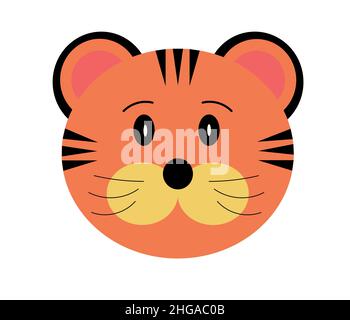 Testa di tigre giallo arancione, personaggio cartoon isolato su sfondo bianco. Capodanno cinese della tigre, immagine vettoriale. Illustrazione Vettoriale