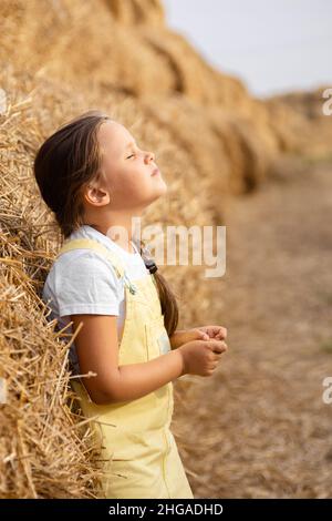 Giovane ragazza in piedi e appoggiata su pagliaio in campo pieno di fieno con treccia che si stende a spalla facendo qualcosa con le mani a occhi chiusi e testa in su Foto Stock