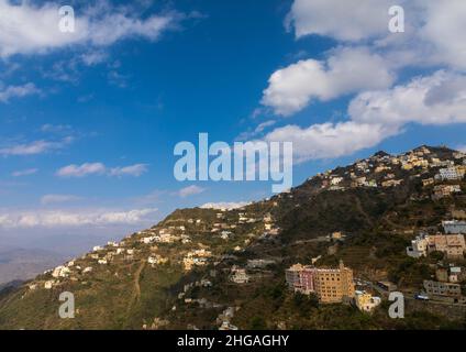 Villaggio nella montagna vicino al confine dello Yemen, provincia di Jizan, Monti Faifa, Arabia Saudita Foto Stock