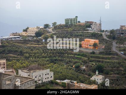 Villaggio nella montagna vicino al confine dello Yemen, provincia di Jizan, Monti Faifa, Arabia Saudita Foto Stock