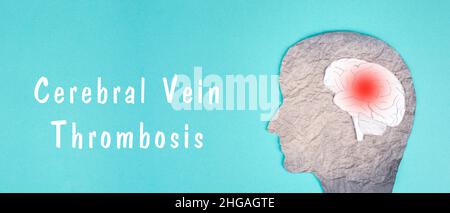 La trombosi venosa cerebrale è in piedi su uno sfondo di colore blu, Silhouette di una testa con un cervello, tessuto di sangue rosso, effetto collaterale vaccino covid-19 Foto Stock