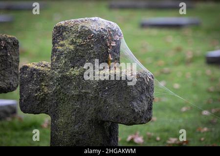 I ciottoli giacciono su croci di pietra presso il cimitero militare tedesco Langemarck a Langemark-Poelkapelle nelle Fiandre, Belgio. Foto Stock