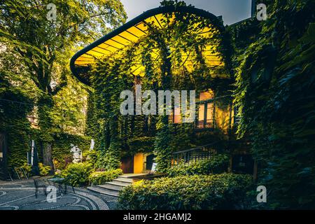 Vecchio edificio, quartiere ebraico, appartamenti e palazzi di appartamenti, i famosi cortili o cortili di Budapest, Sovrano di edera, Magyar Foto Stock