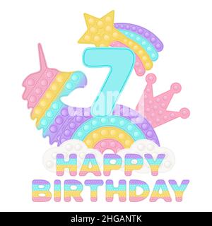 Happy 7th compleanno sette anni pop IT topper o stampa sublimazione per t-shirt in stile un giocattolo in silicone alla moda per i fedgets. Numero blu, unicorno, c Illustrazione Vettoriale