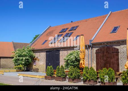 Fienile, storico quartiere fienile Kremmen, Brandeburgo, Germania Foto Stock