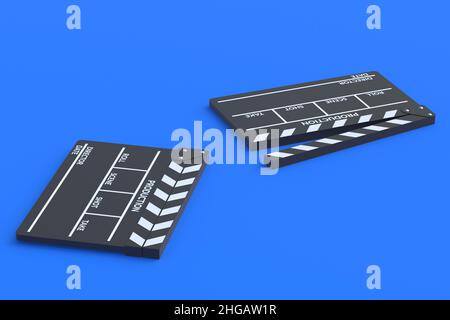 Schede clapper film su sfondo blu. Accessori per la produzione di film. Concetto cinematografico. Film al cinema. 3d rendering Foto Stock