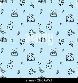 Illustrazione senza giunture con cuori e confezioni regalo su sfondo blu chiaro. Imballaggio o carta da parati per le feste. San Valentino. Illustrazione vettoriale. Illustrazione Vettoriale
