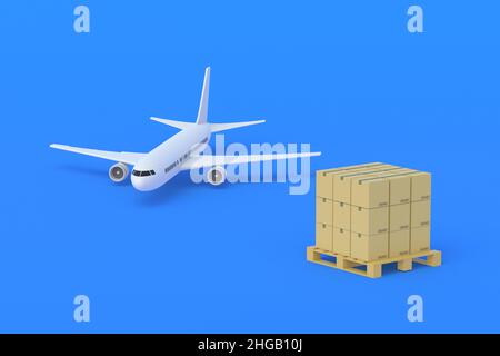Aeroplano vicino alla pila di scatole sul pallet su sfondo blu. Trasporto internazionale di merci. Logistica globale. Spedizione aerea. Concetto di AirMail. Foto Stock