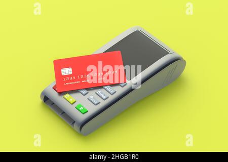 Registratore di cassa portatile con carta di credito in plastica su sfondo giallo. 3d rendering Foto Stock