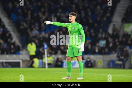 Kepa Arrizabalaga di Chelsea durante la partita della Premier League tra Brighton & Hove Albion e Chelsea all'Amex Stadium , Brighton, Regno Unito - 18th gennaio 2022 - solo per uso editoriale. Nessun merchandising. Per le immagini Football si applicano restrizioni fa e Premier League inc. Nessun utilizzo di Internet/cellulare senza licenza FAPL - per i dettagli contattare Football Dataco Foto Stock