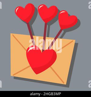 Una lettera con cuore e caramello su un bastone a forma di cuore. Giorno d'amore, san valentino. Un biglietto d'auguri con una dichiarazione d'amore. Un appartamento Illustrazione Vettoriale