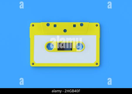 Nastro singolo per audiocassette vintage di colore giallo su sfondo blu. Memorizzazione della musica. Cartuccia retro. 3d rendering Foto Stock