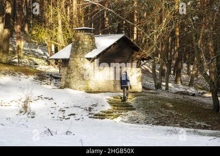 Donna che cammina da sola verso una cabina di legno nel mezzo di una foresta innevata. Rifugio nel Parco Nazionale della Sierra de Guadarrama, El Espinar, Segovia, Mad Foto Stock