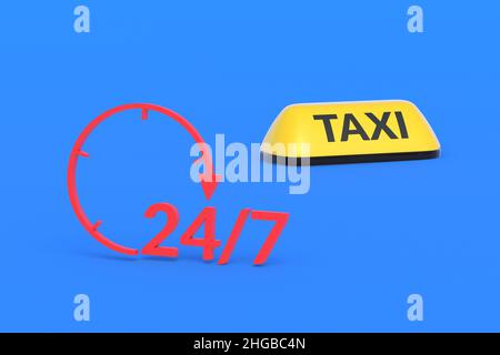 Cartello taxi giallo vicino al programma. Lavoro 24 ore su 24 per il trasporto di passeggeri. Spazio di copia. 3d rendering Foto Stock