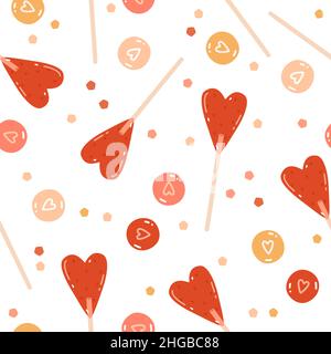 San Valentino motivo senza cuciture con lollipop a forma di cuore colorati draghi con cuori e confetti disegnati Illustrazione Vettoriale