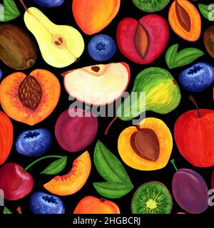 Acquerello dipinto spesso motivo con drupe, kiwi, bacche Foto Stock