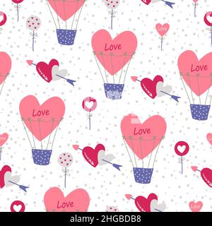 Semplice ripetizione senza giunture. Palloncini, cuori con una freccia, su sfondo bianco. San Valentino sfondo. Design piatto in stile boho. Illustrazione Vettoriale
