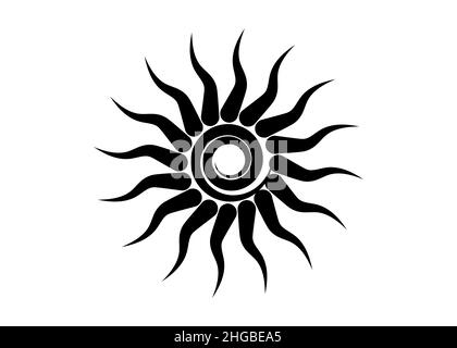 Black Tribal Sun Tattoo Sonnenrad Symbol, cartello solare. Icona estate. L'antico elemento esoterico europeo. Logo elemento grafico a spirale segno Illustrazione Vettoriale