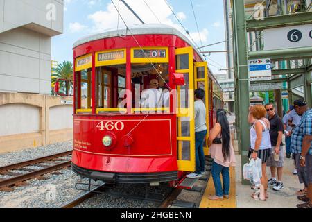 RTA Streetcar Riverfront Line Route 2 at Canal Street station in French Quarter in downtown New Orleans, Louisiana LA, USA. Stock Photo