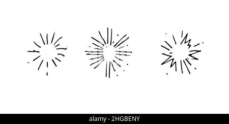 Fuochi d'artificio festosi. Fuochi d'artificio esplosioni set. Schizzo di contorno. Il disegno a mano è isolato su sfondo bianco. Vettore Illustrazione Vettoriale